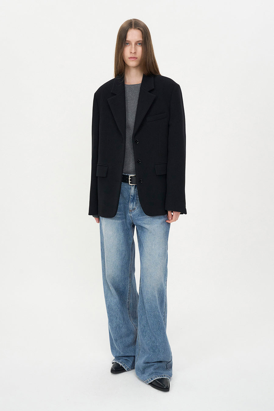 Wool Three-Button Blazer BLACK