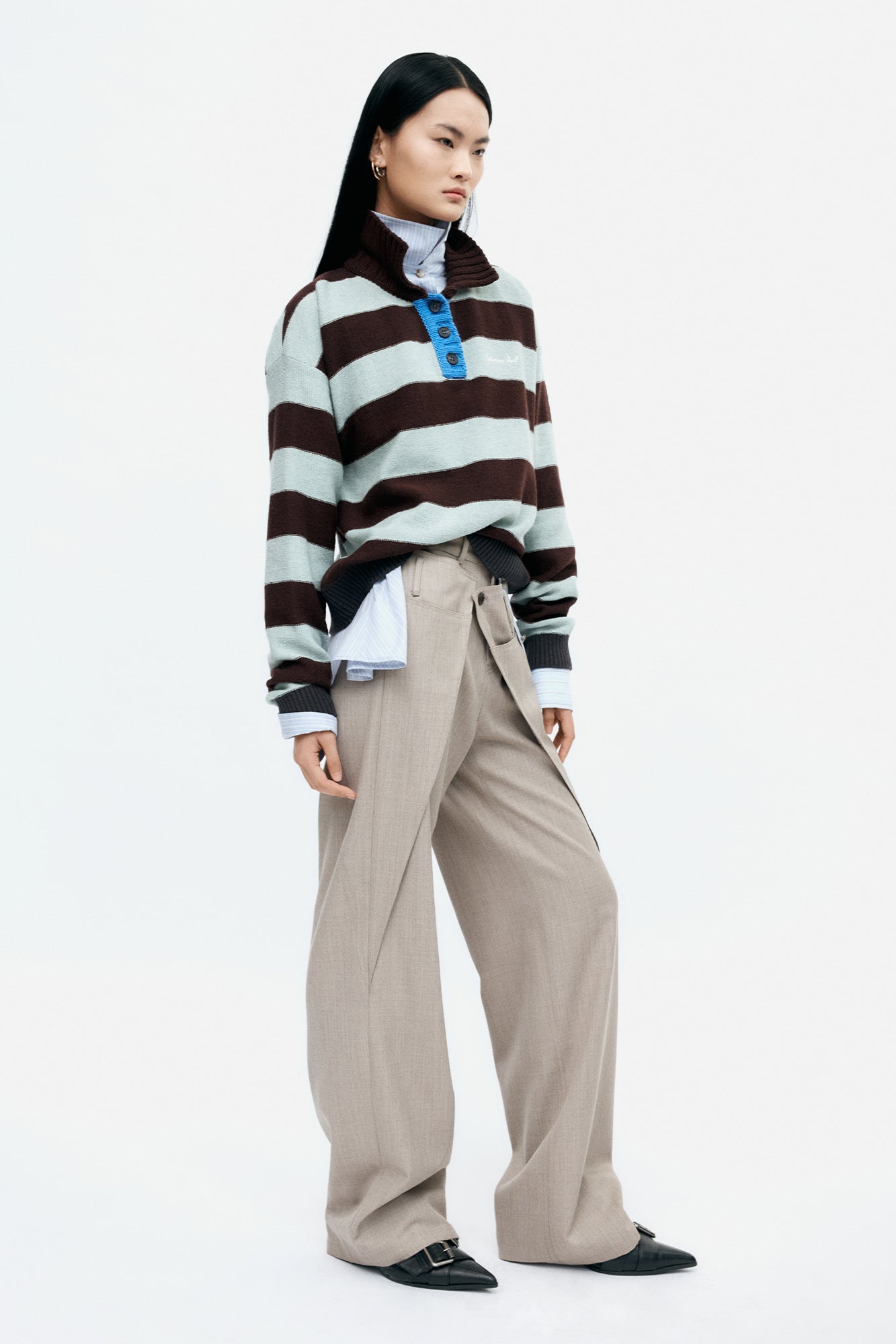 BOLD STRIPE COLLAR SWEATER atb1385w (BROWN/JADE)
