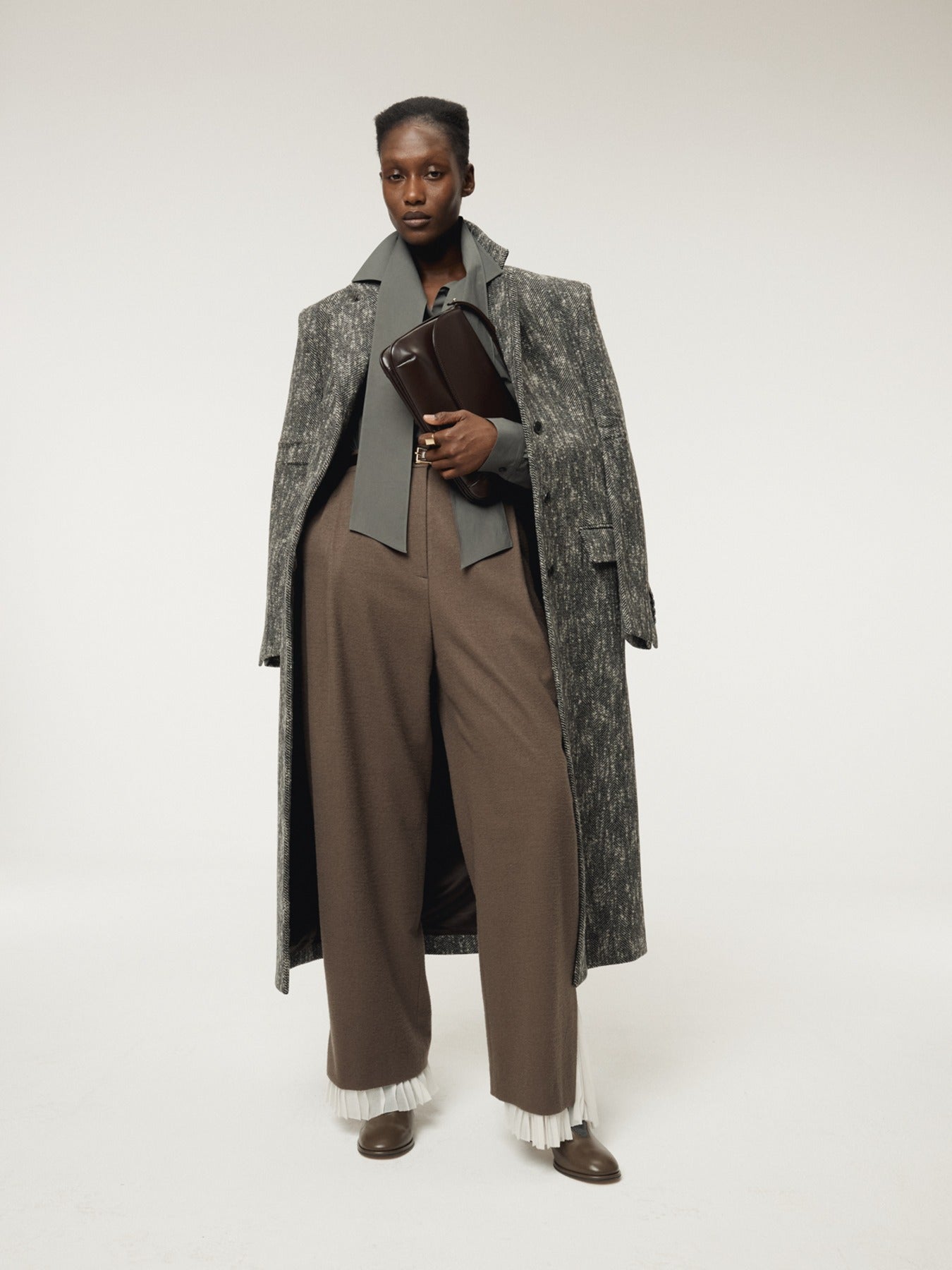 PLEATS LAYERED WOOL PANTS (GREYISH KHAKI)