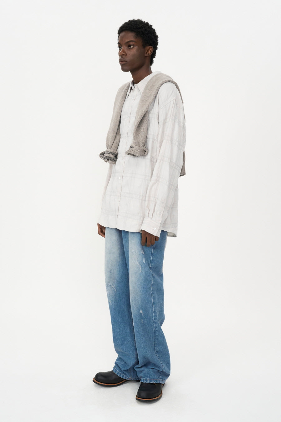 Wool Cotton Wrinkle Check Shirt CREAM