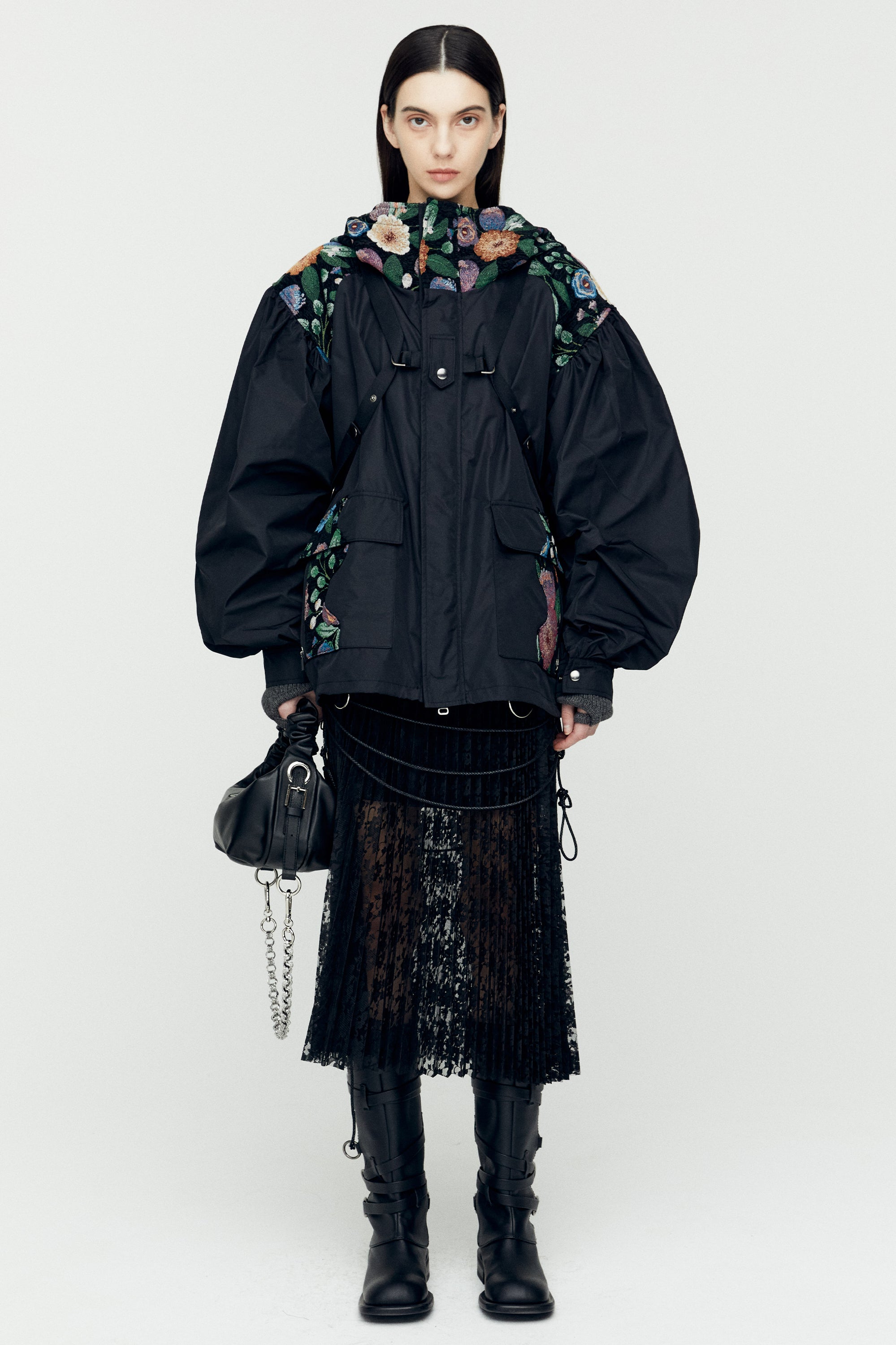 LACE COMBINATION PLEATS LONG SKIRT apa762w (BLACK)