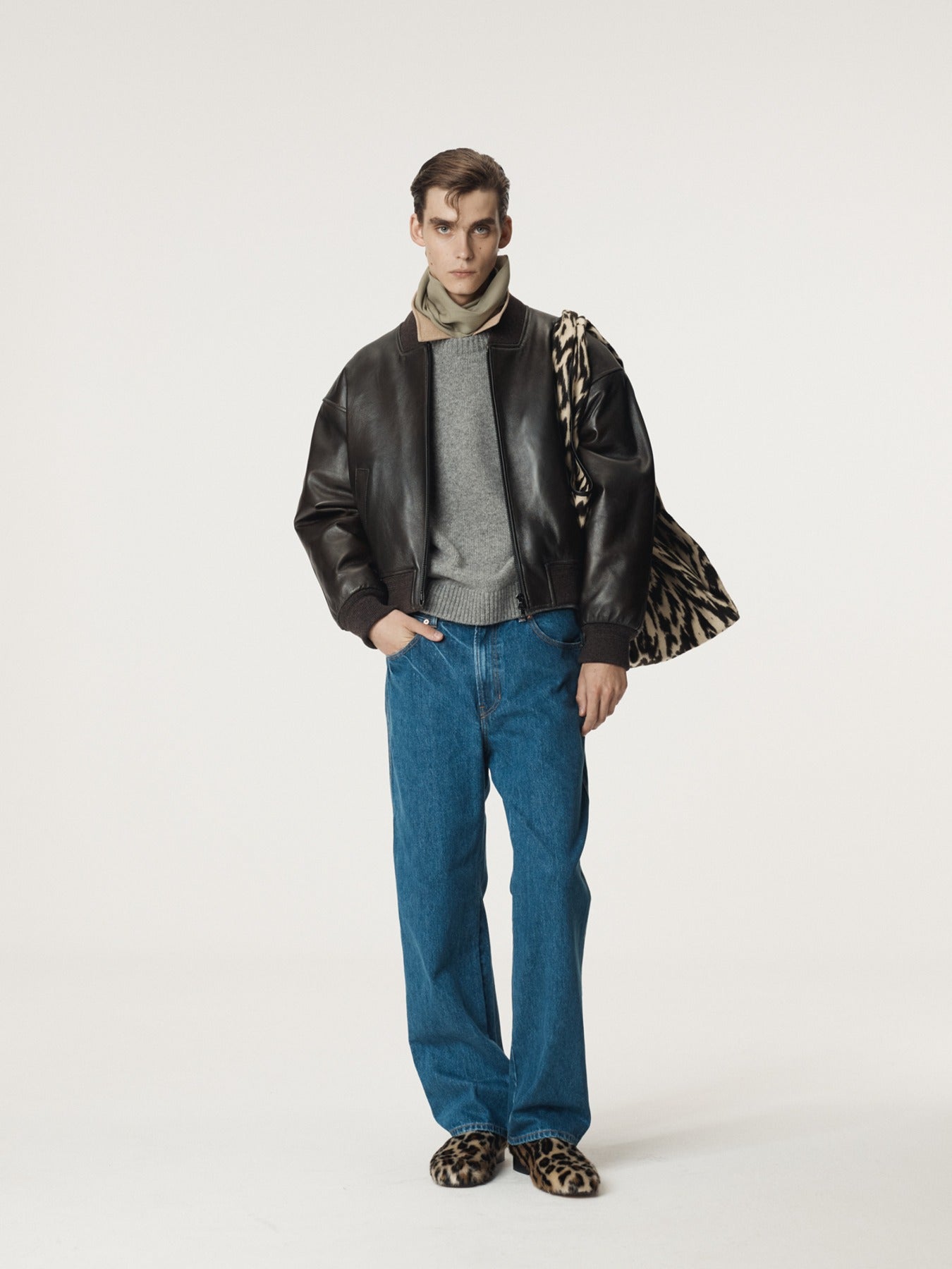 VINTAGE EFFECT LEATHER BOMBER (VINTAGE BROWN)