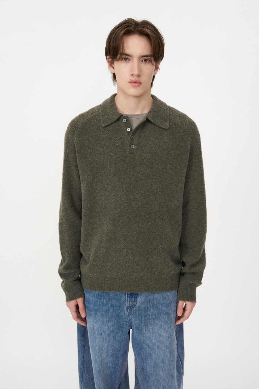 Baby Alpaca Boucle Collar Knit KHAKI