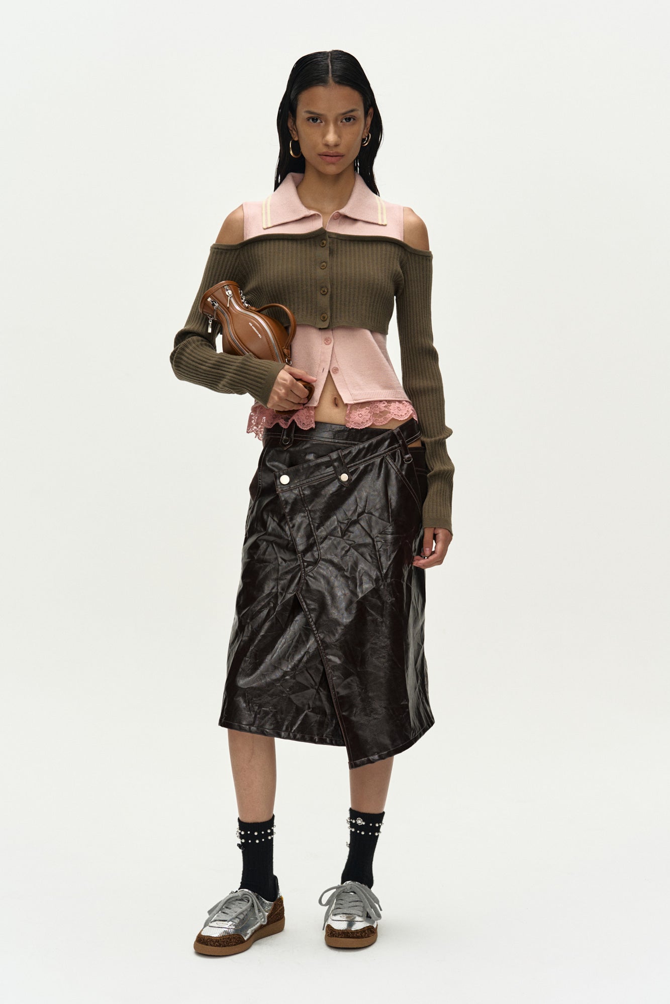 LAYERED OFF-SHOULDER COLLAR TOP atb1481w (KHAKI/PINK)
