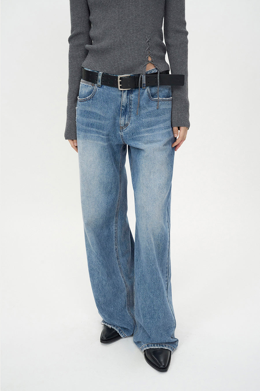 Double Pin Leather Belt BLACK