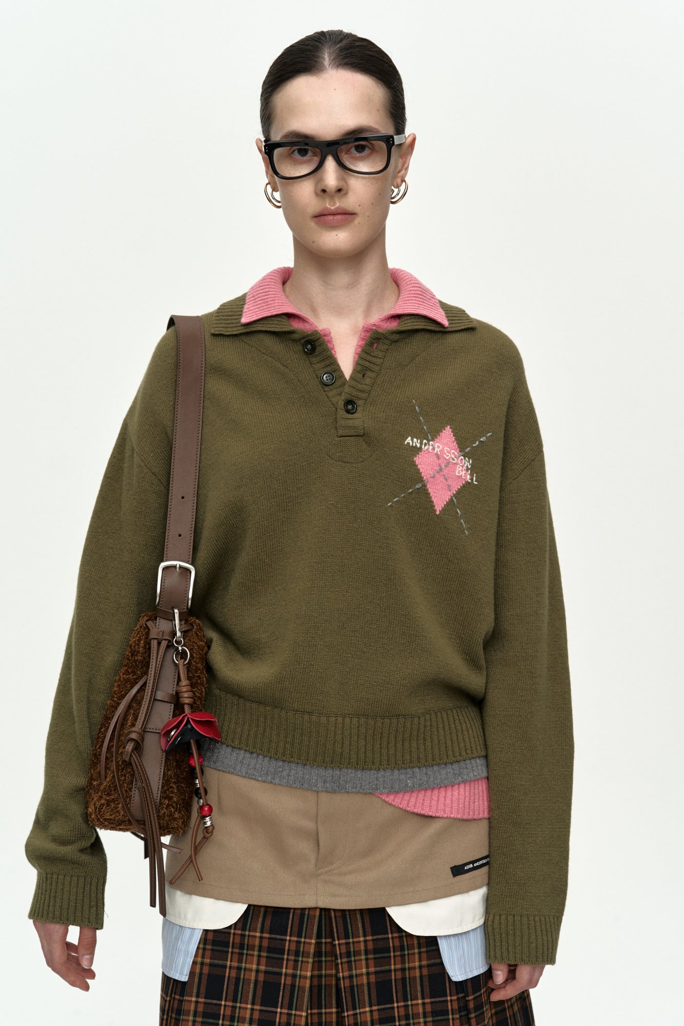 DOUBLE COLLAR ARGYLE LOGO SWEATER atb1475w (KHAKI/PINK)