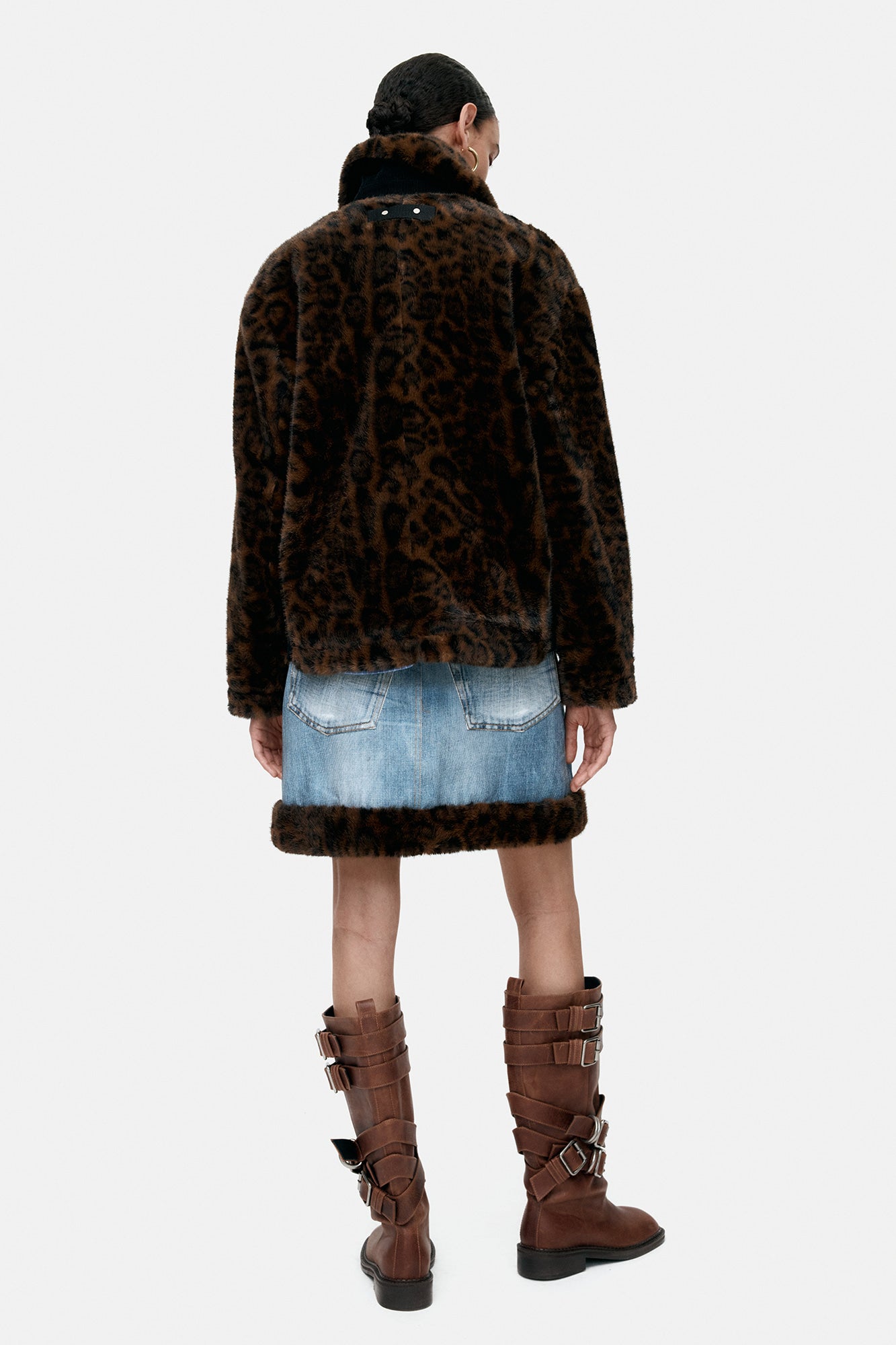 FUR-EDGED DENIM PRINT SKIRT apa863w(BLUE)