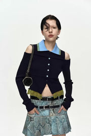 LAYERED OFF-SHOULDER COLLAR TOP atb1481w (NAVY/BLUE)