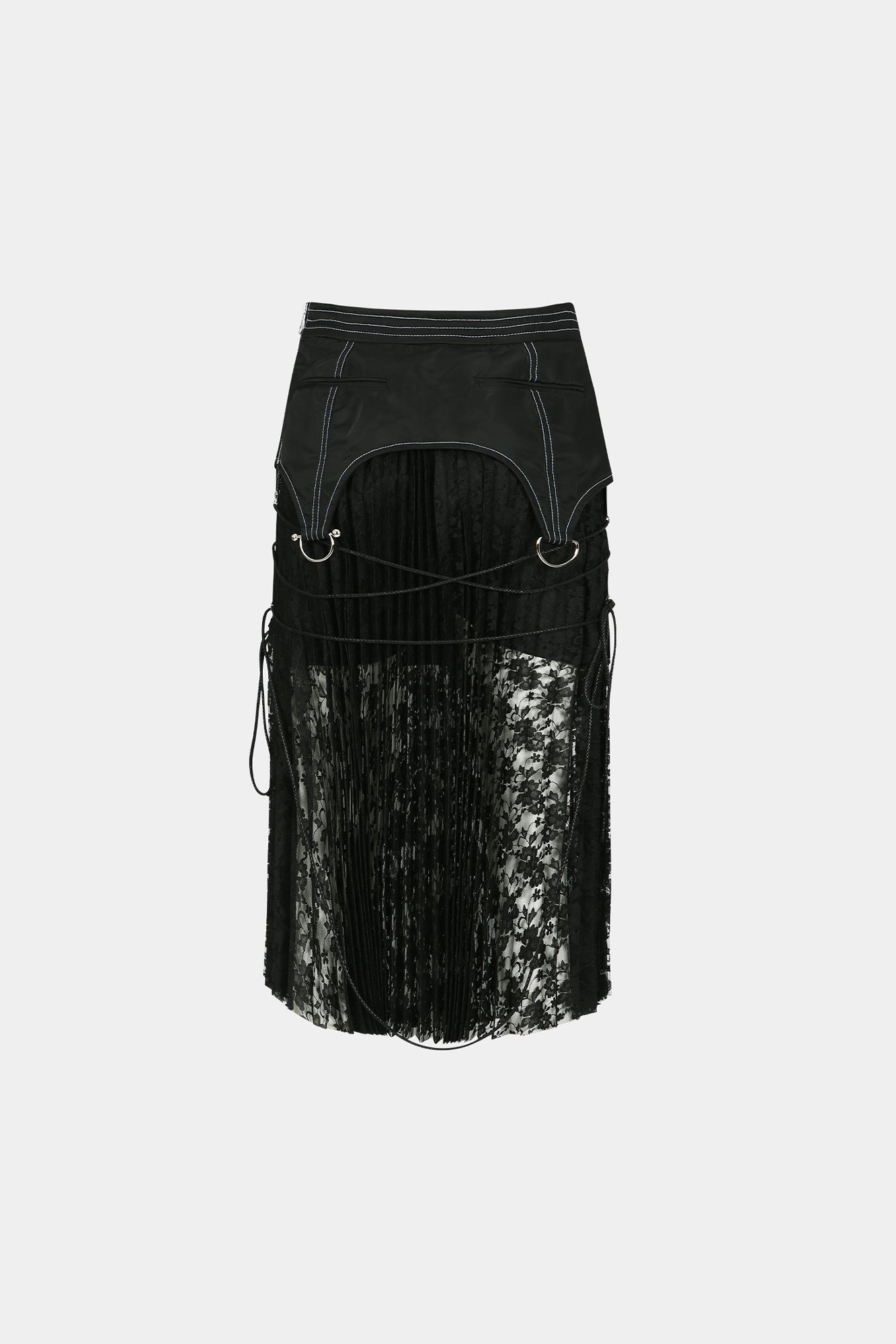 LACE COMBINATION PLEATS LONG SKIRT apa762w (BLACK)