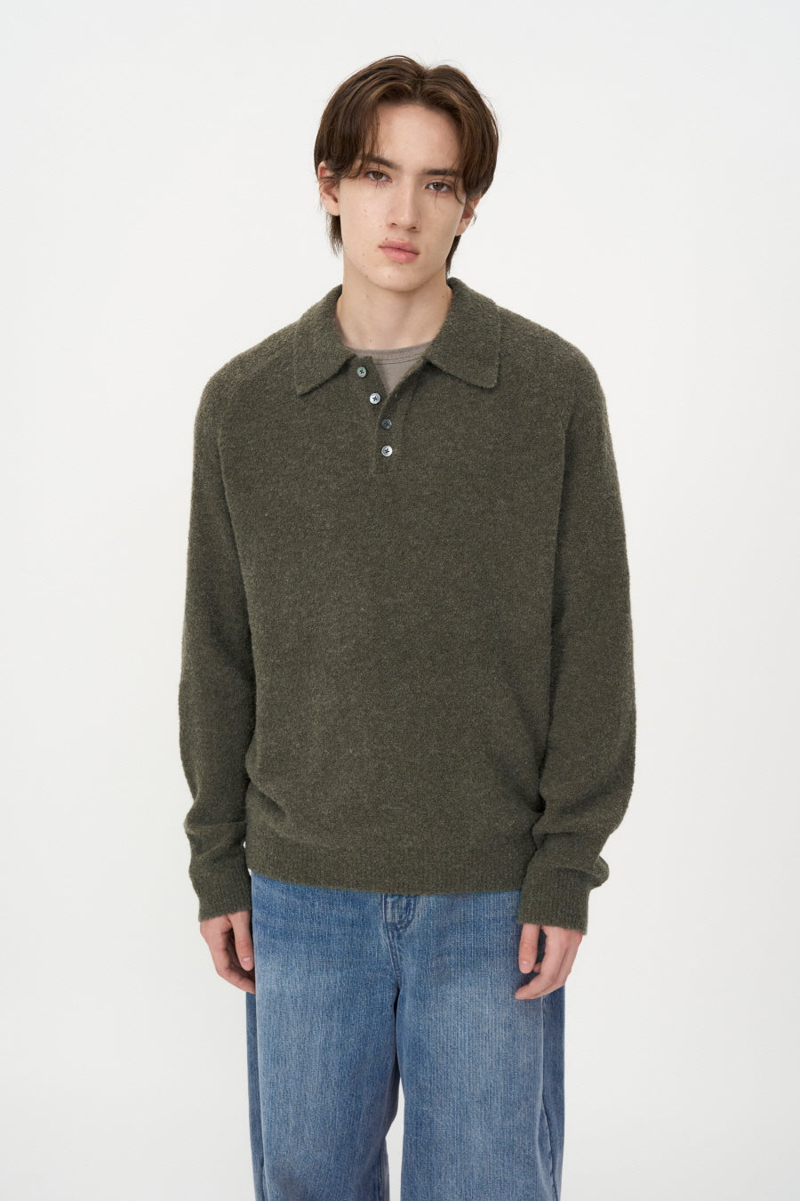 Baby Alpaca Boucle Collar Knit KHAKI