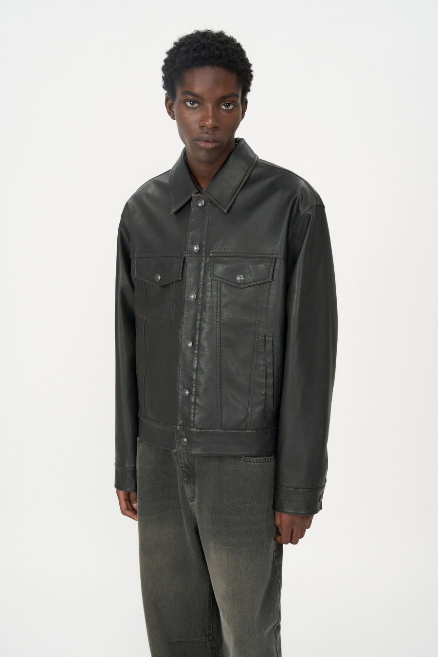 Vintage Faux Leather Trucker Jacket BROWN