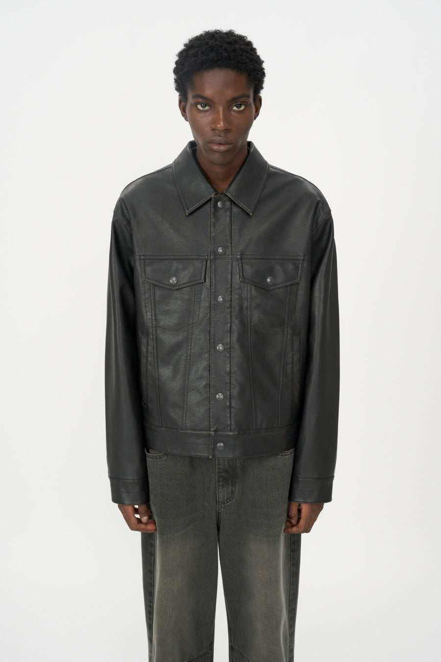 Vintage Faux Leather Trucker Jacket BROWN