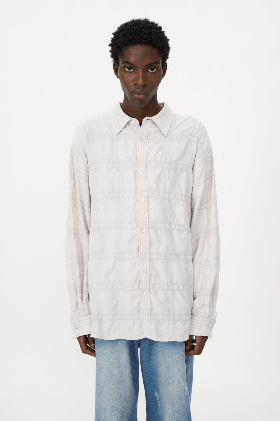 Wool Cotton Wrinkle Check Shirt CREAM