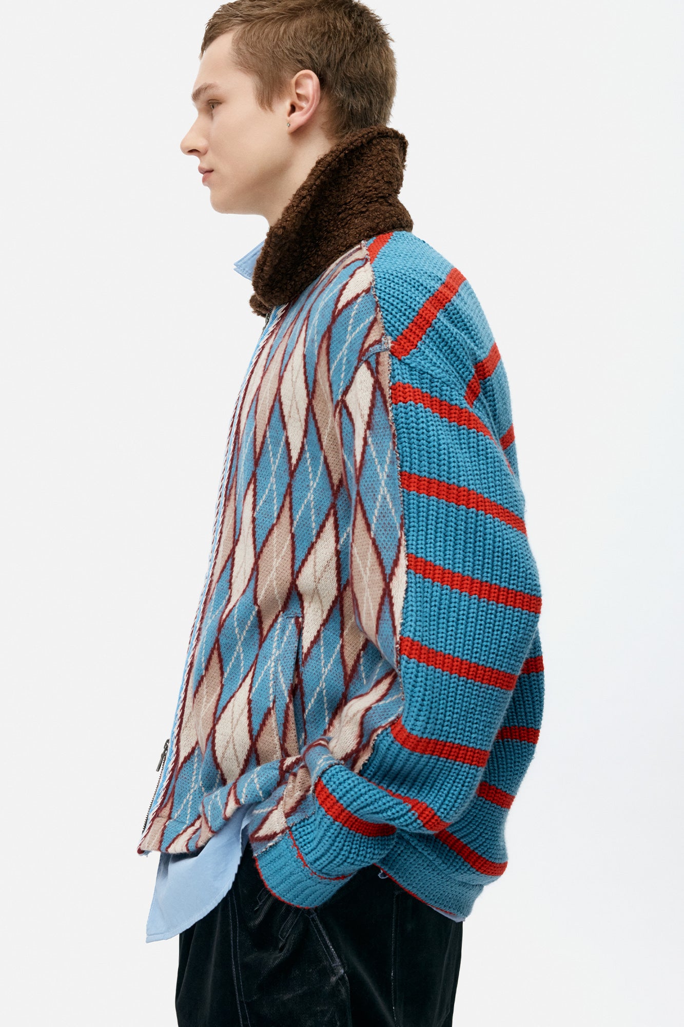 ARGYLE & STRIPE HALF ZIP-UP CARDIGAN atb1376m (MULTI)