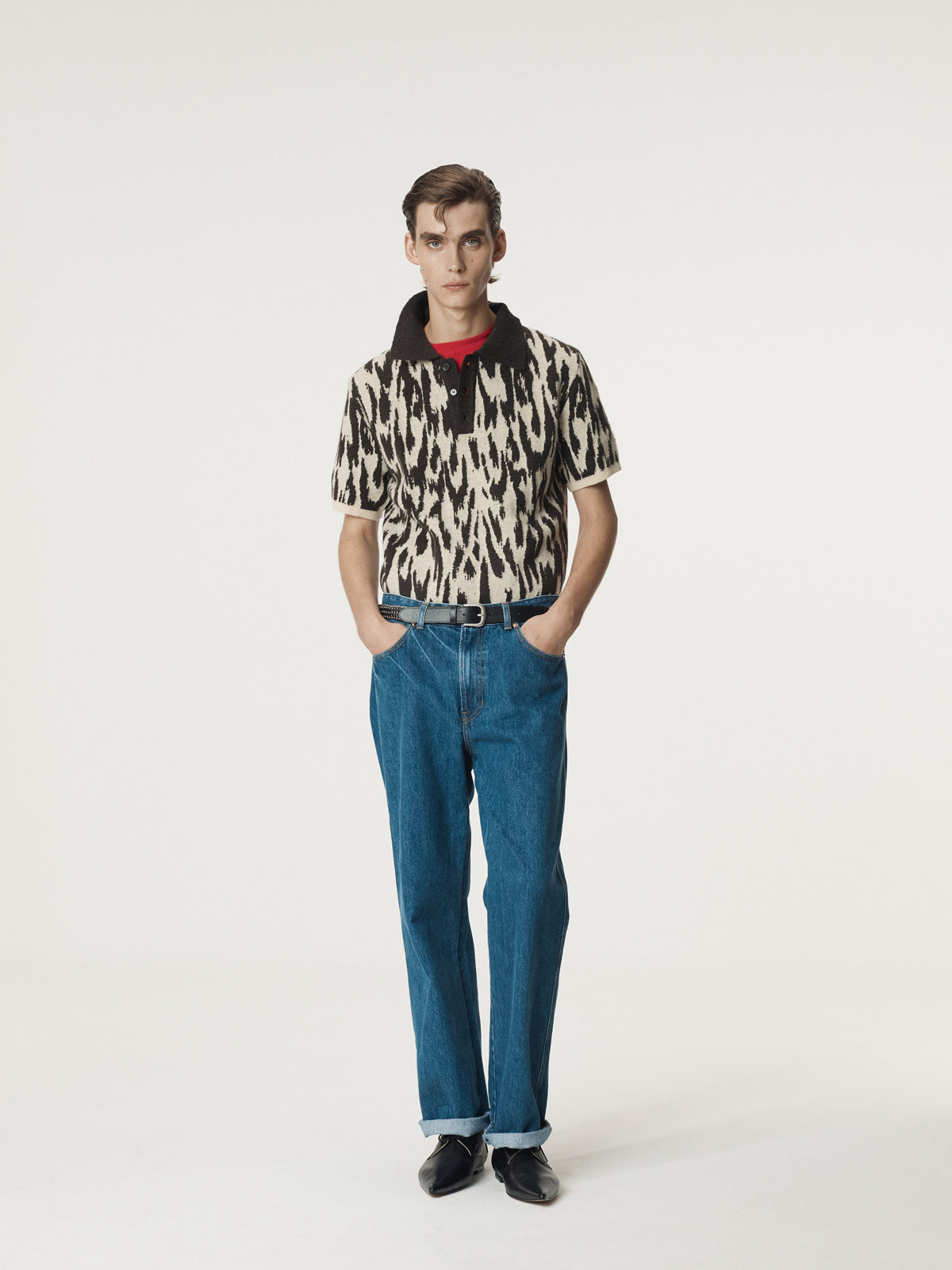 LEOPARD JACQUARD POLO KNIT TOP (DARK BROWN)