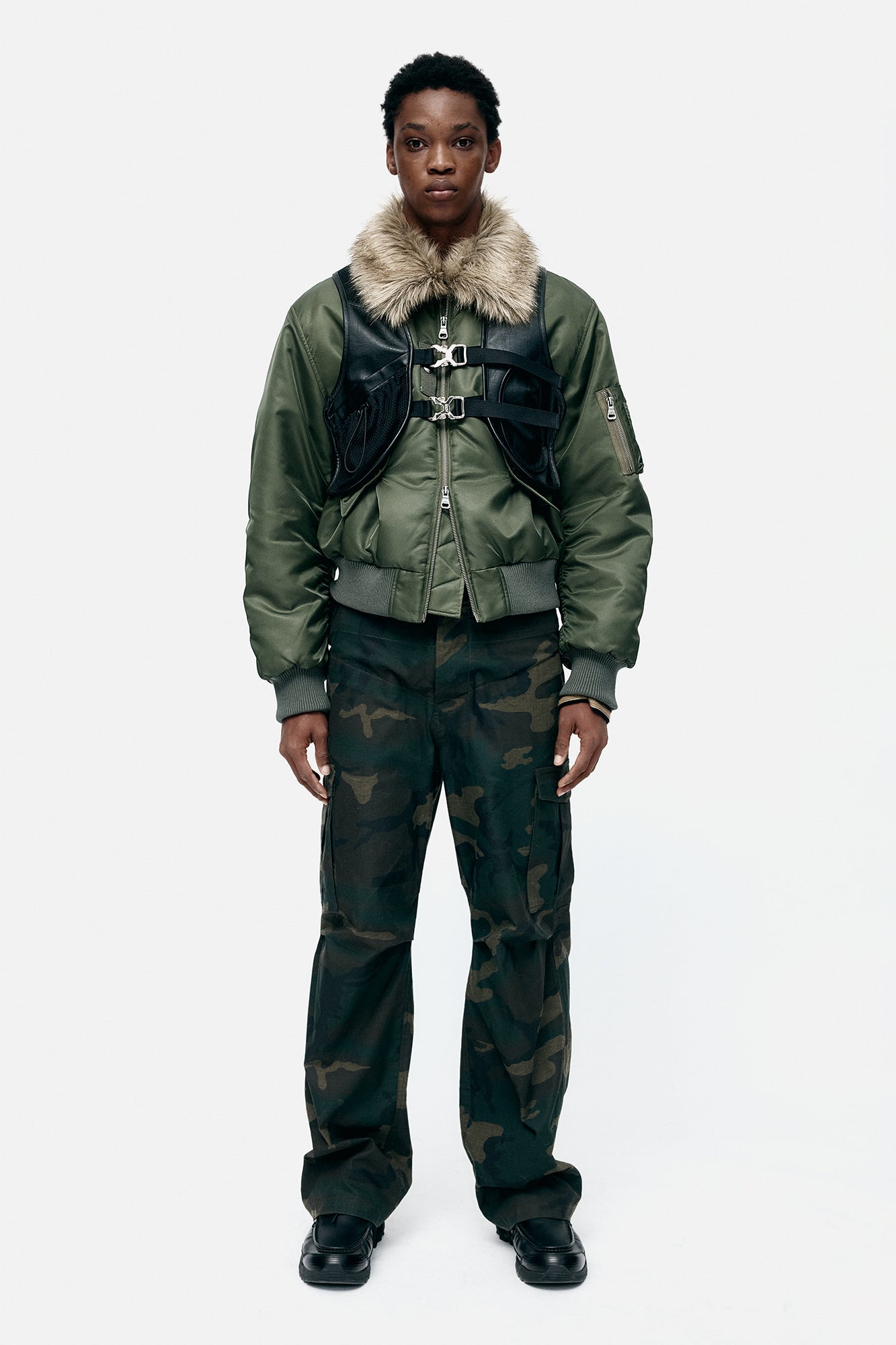 [Restock] UNISEX CAMOUFLAGE DOUBLE WAIST WORK WIDE-LEG JEANS apa853u(NAVY/GREEN)