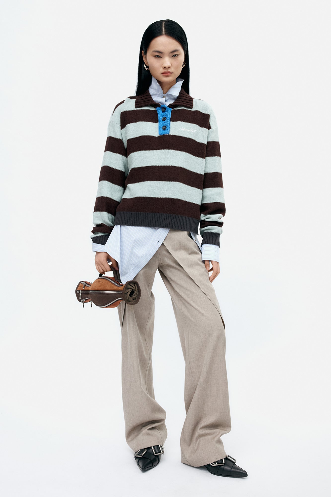 BOLD STRIPE COLLAR SWEATER atb1385w (BROWN/JADE)