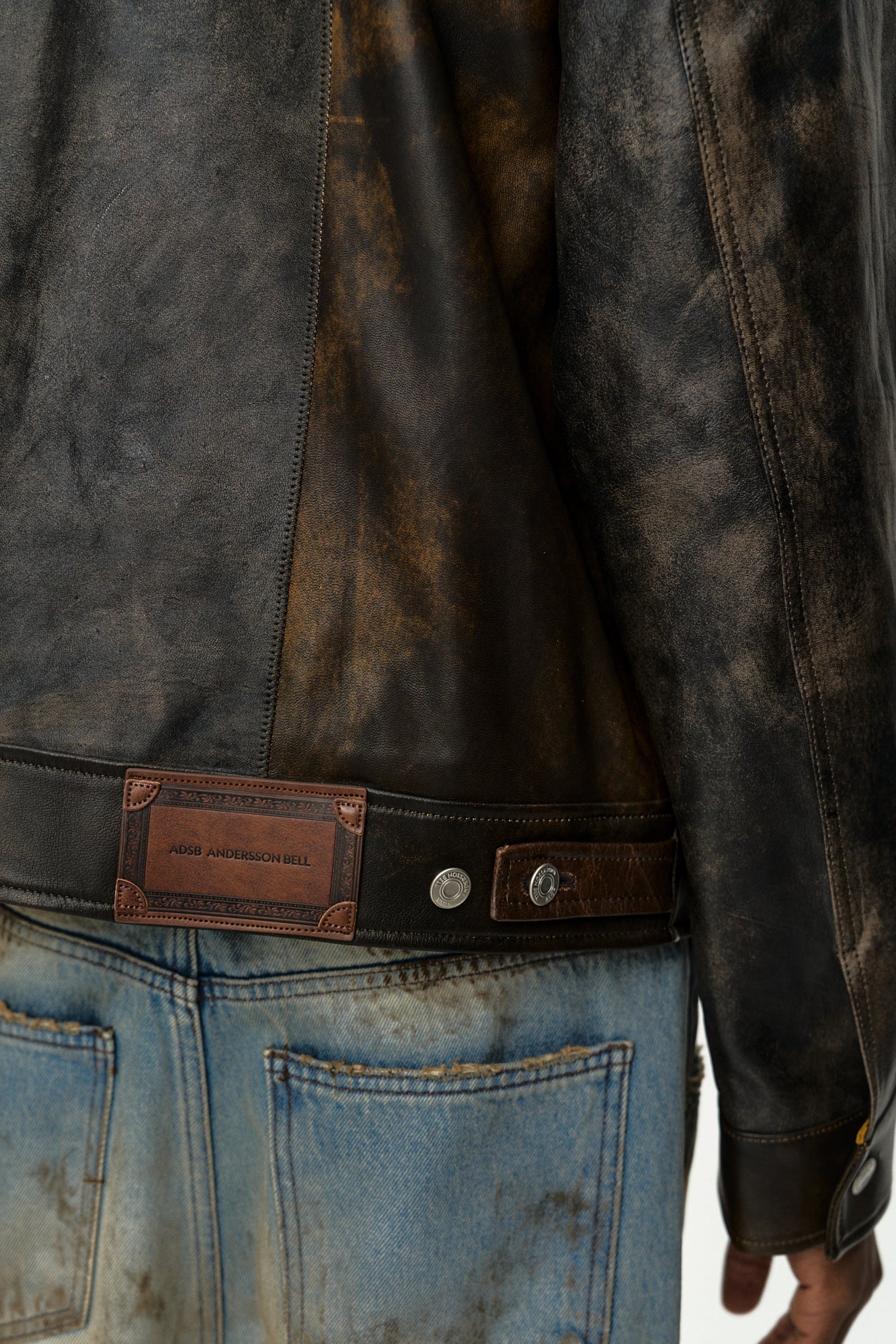 LEATHER PATCHWORK TRUCKER JACKET awa741m (BROWN)