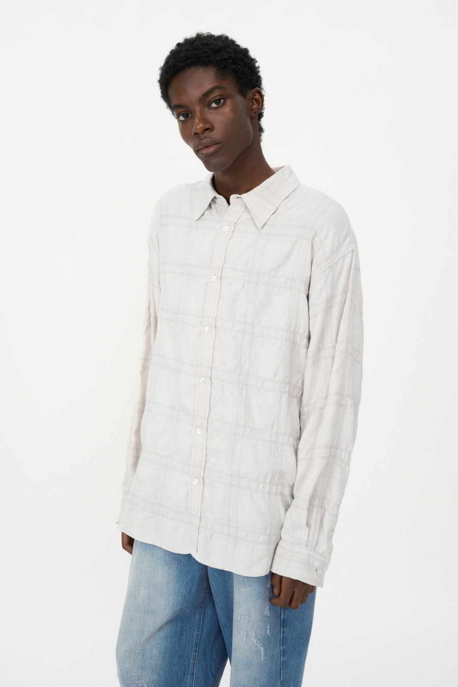Wool Cotton Wrinkle Check Shirt CREAM
