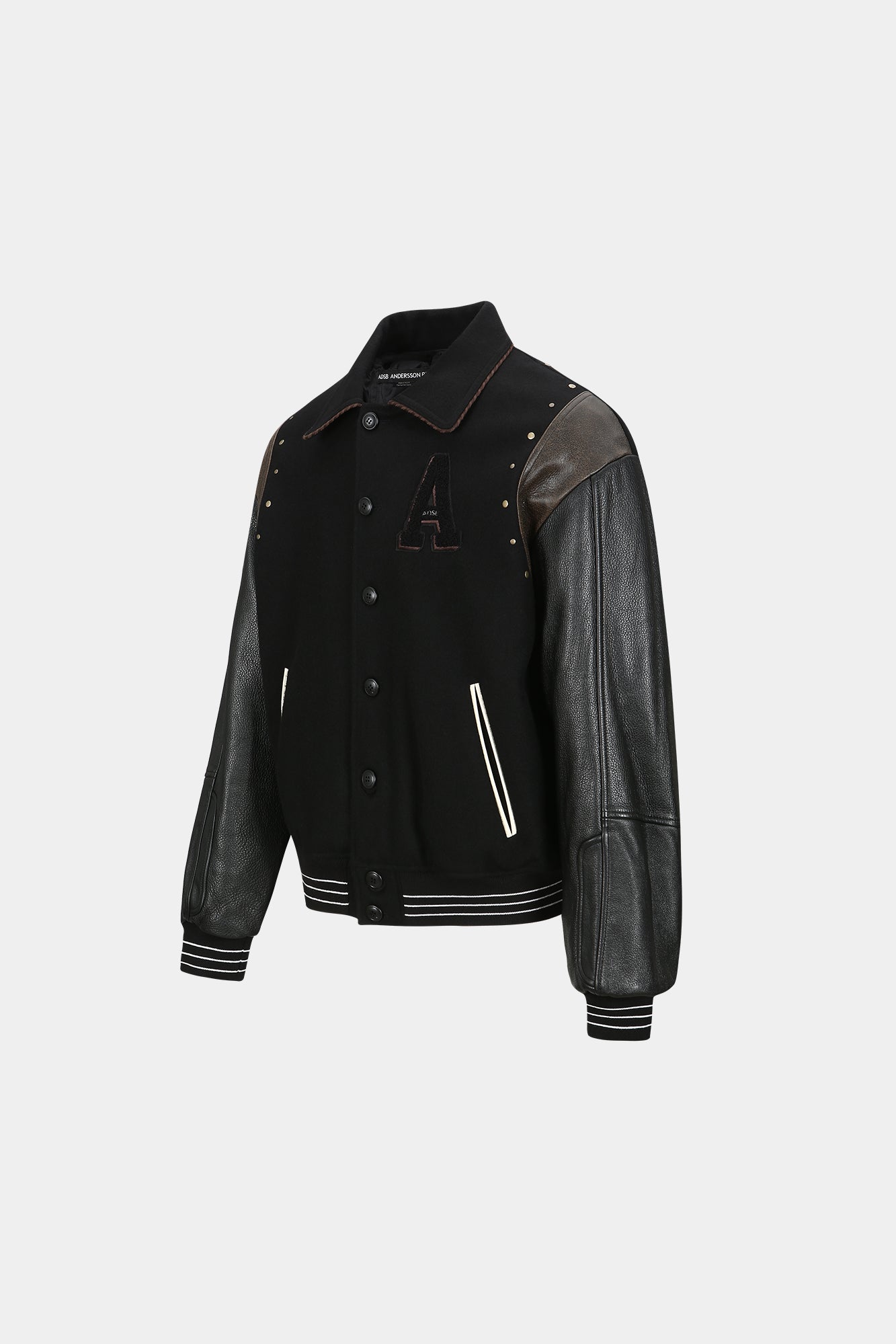A PATCH WOOL & LEATHER VARSITY JACKET awa691m (BLACK)