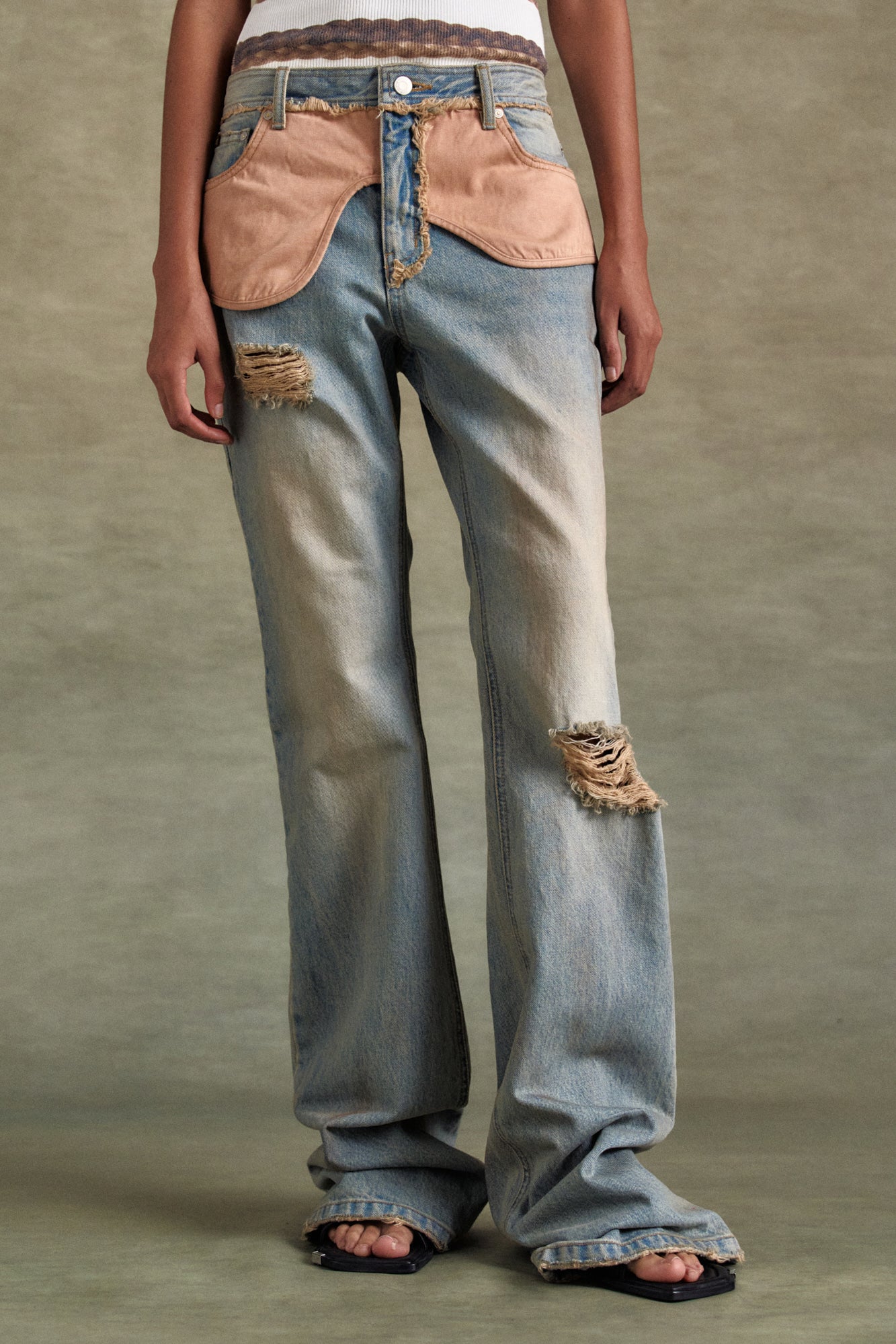 DECONSTRUCTED DIRTY WASH BOOTCUT JEANS