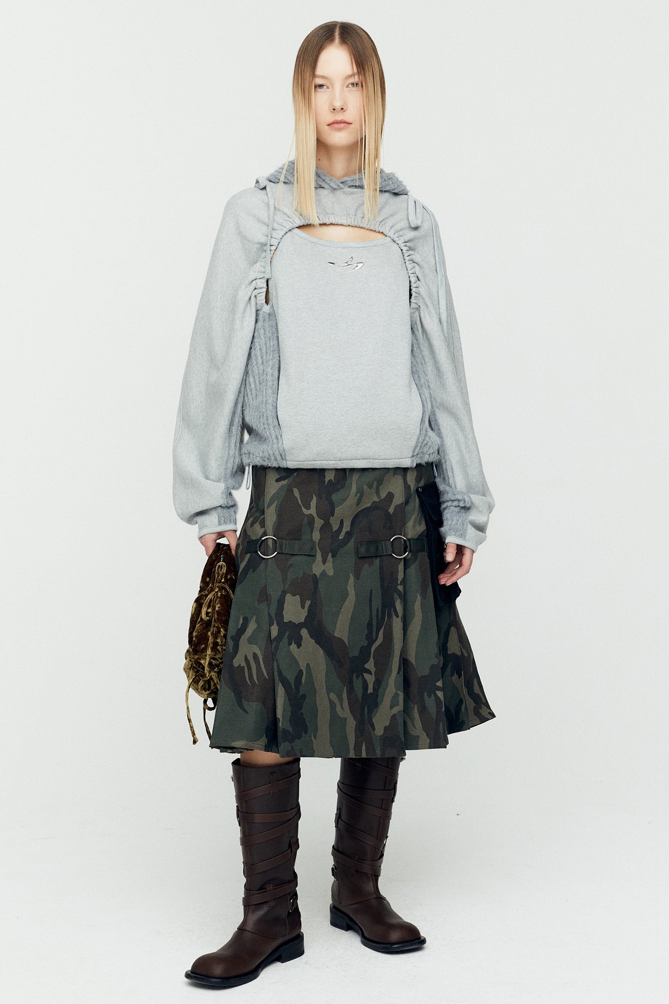 (ESSENTIAL) CUT OUT SHIRRING HOODIE atb1193w (MELANGE GREY)