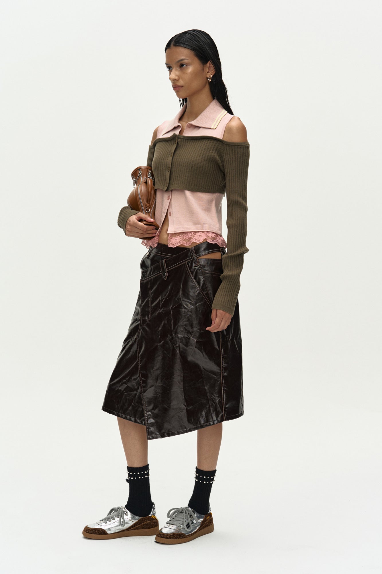 LAYERED OFF-SHOULDER COLLAR TOP atb1481w (KHAKI/PINK)