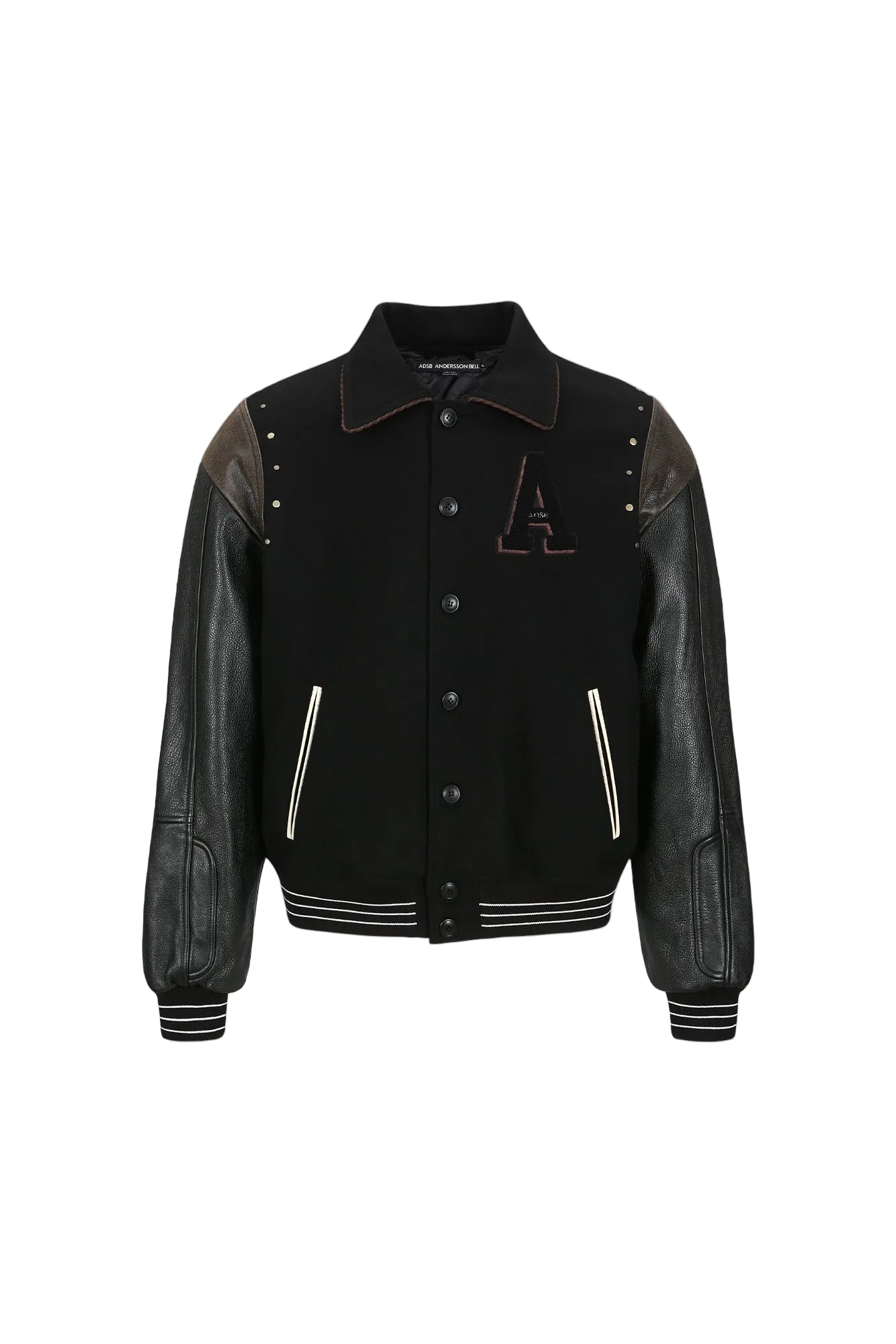 A PATCH WOOL & LEATHER VARSITY JACKET awa691m (BLACK)