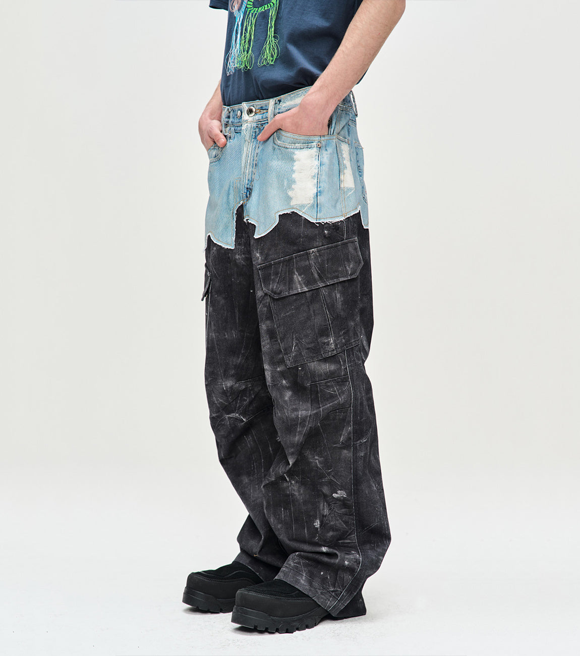FAUX-DENIM & SCRATCH LEATHER PRINTED CARGO-PANTS