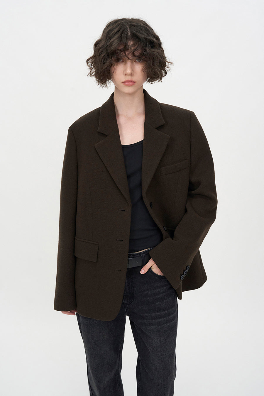 Wool Three-Button Blazer BROWN