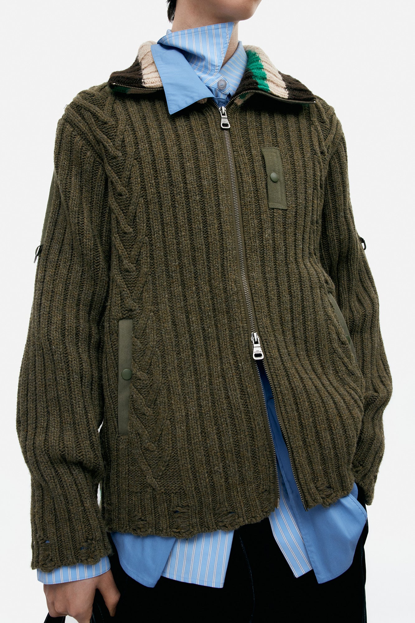 STRIPE HIGH-NECK ZIP-UP SWEATER atb1344m (KHAKI)