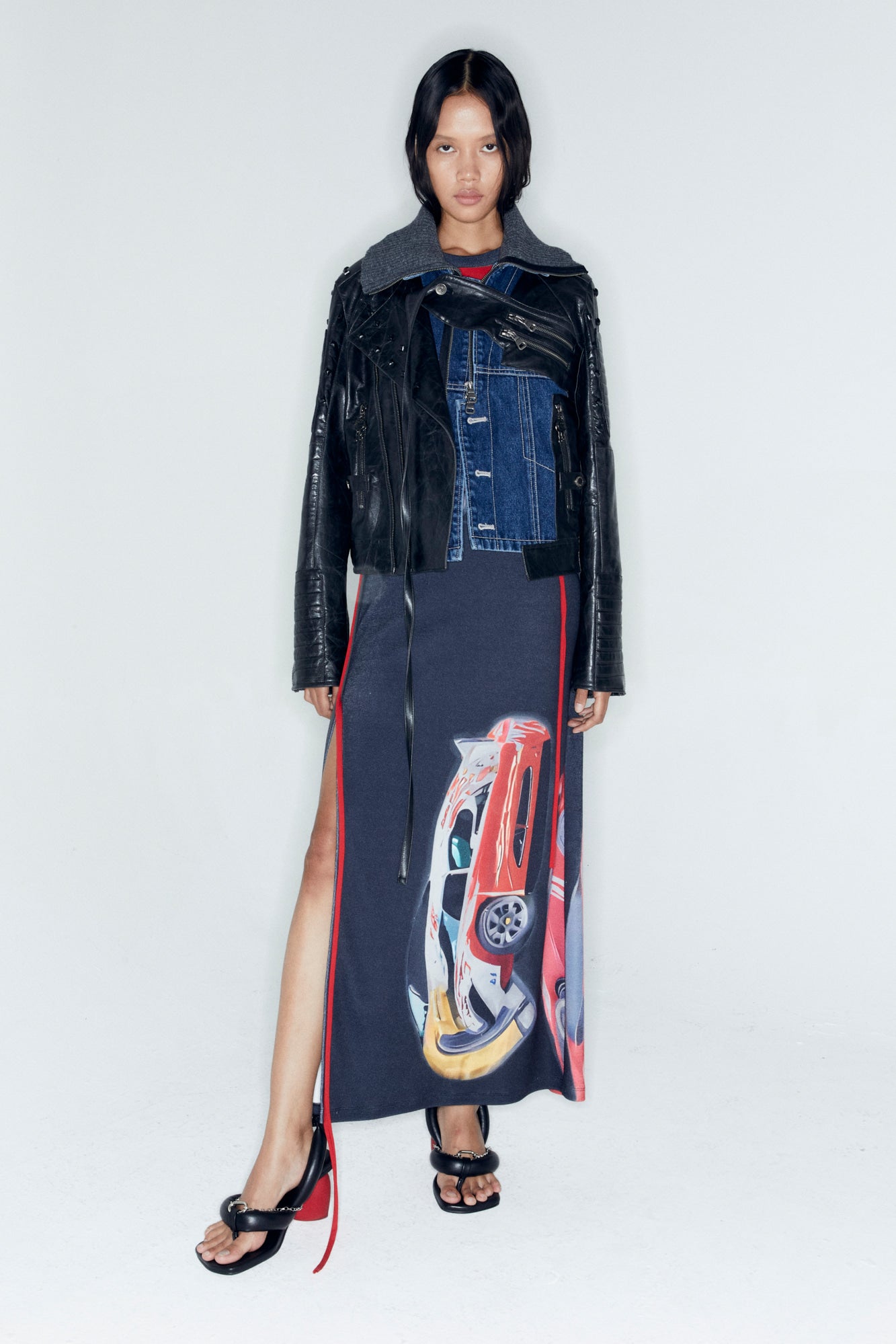 ADSB X OTTOLINGER DENIM FAUX LEATHER JACKET awa668w (BLACK)