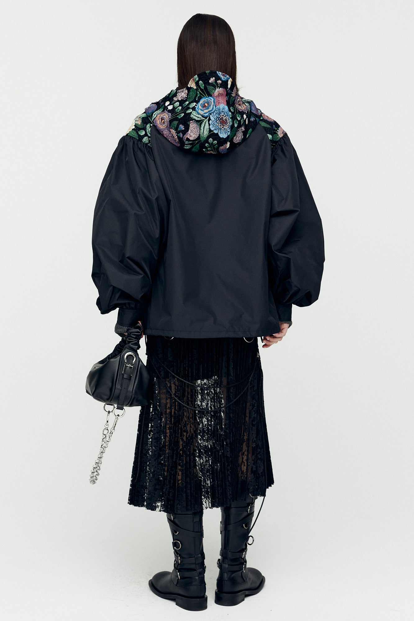 LACE COMBINATION PLEATS LONG SKIRT apa762w (BLACK)