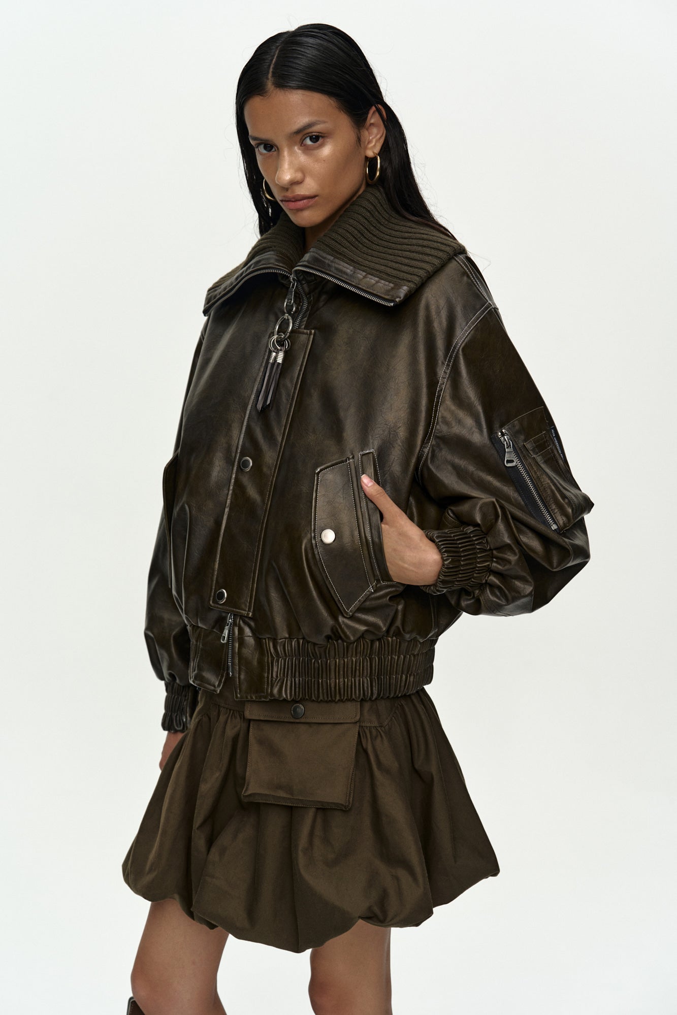 KNIT-COLLAR MA-1 BOMBER JACKET awa756w (KHAKI)