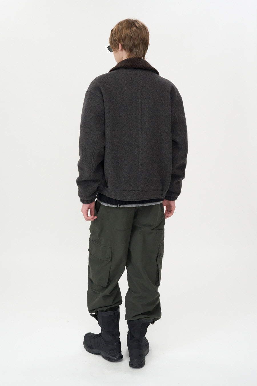 Detachable Collar Cashmere Blouson GREY BROWN