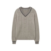 Two-Tone Ribbed Cable V-Neck Knit OATMEAL