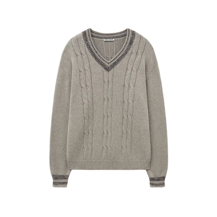Two-Tone Ribbed Cable V-Neck Knit OATMEAL