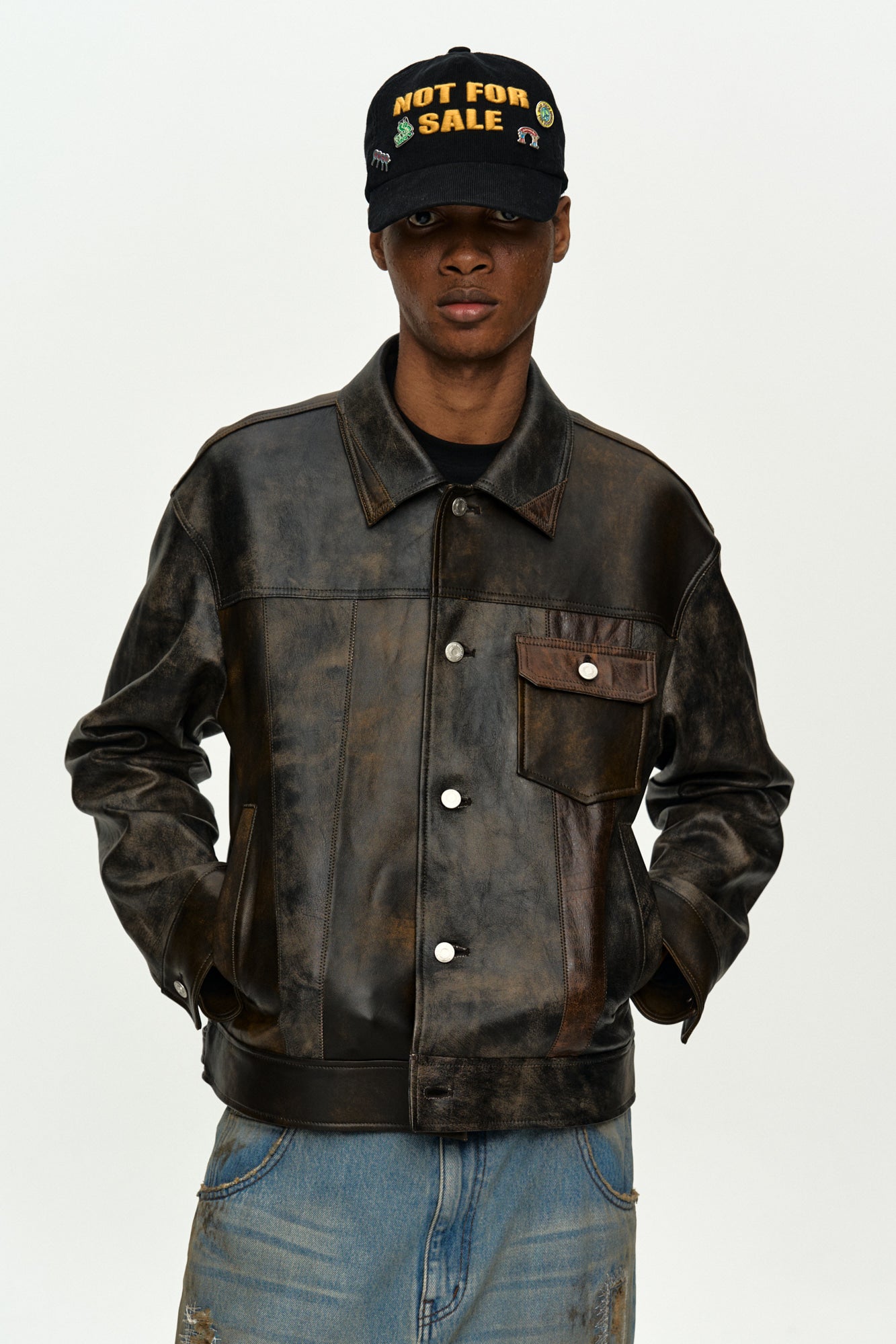 LEATHER PATCHWORK TRUCKER JACKET awa741m (BROWN)