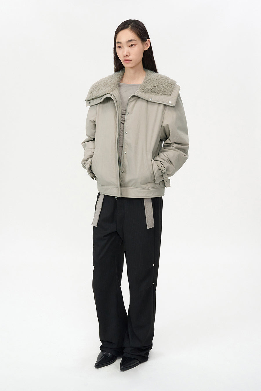 Spread Fur Collar Jumper GREY BEIGE