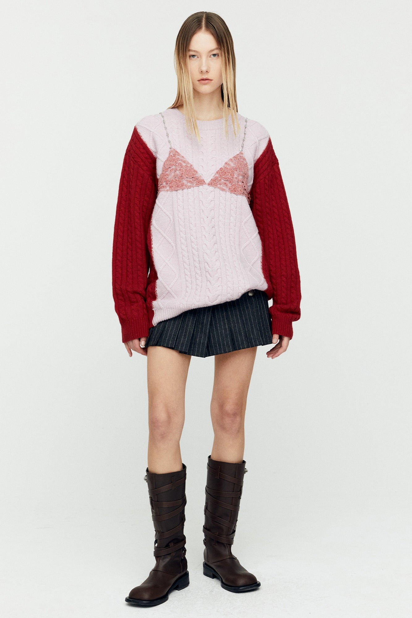 LACE LINGERIE BOYFRIEND-FIT KNIT atb1183w (PINK)