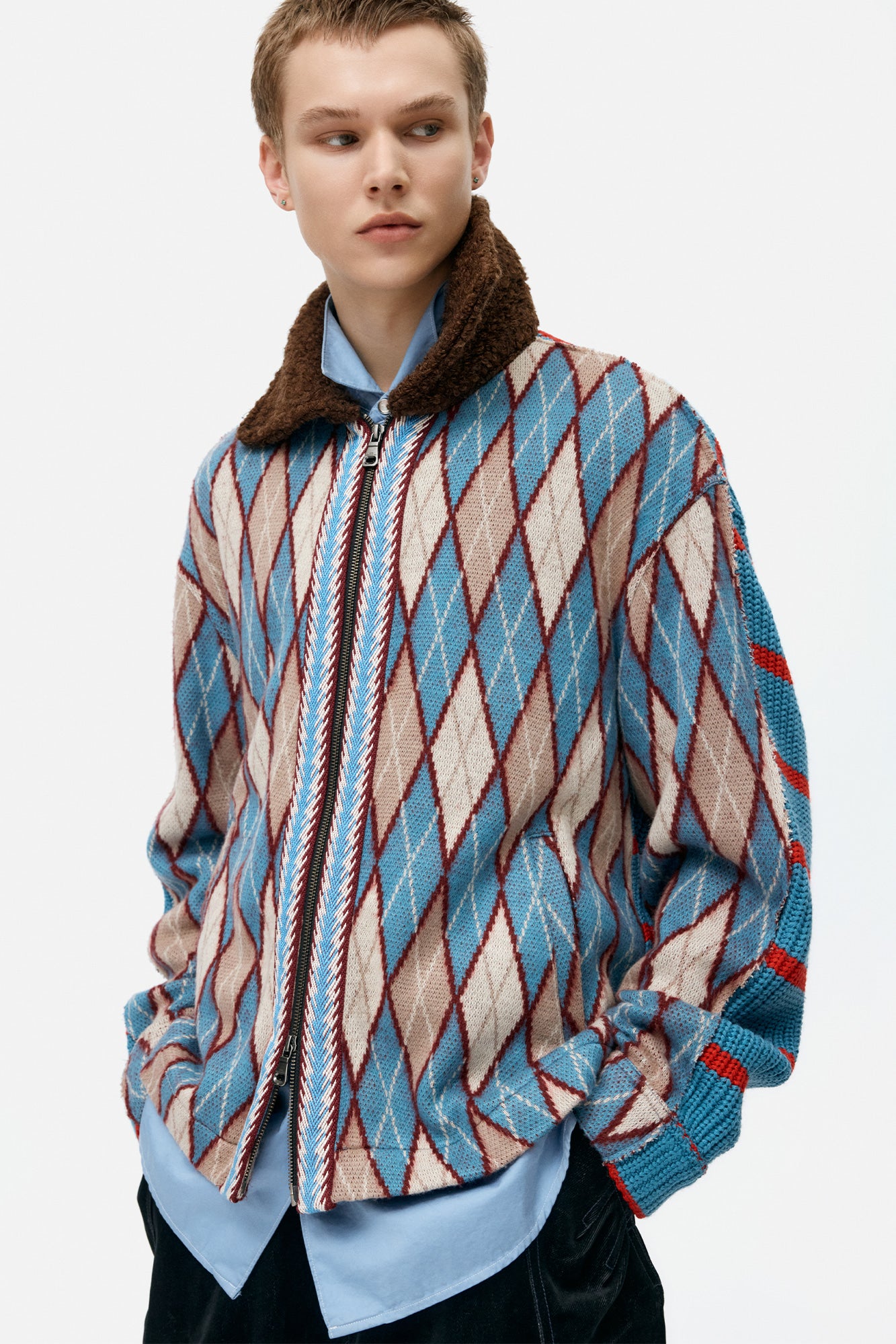 ARGYLE & STRIPE HALF ZIP-UP CARDIGAN atb1376m (MULTI)