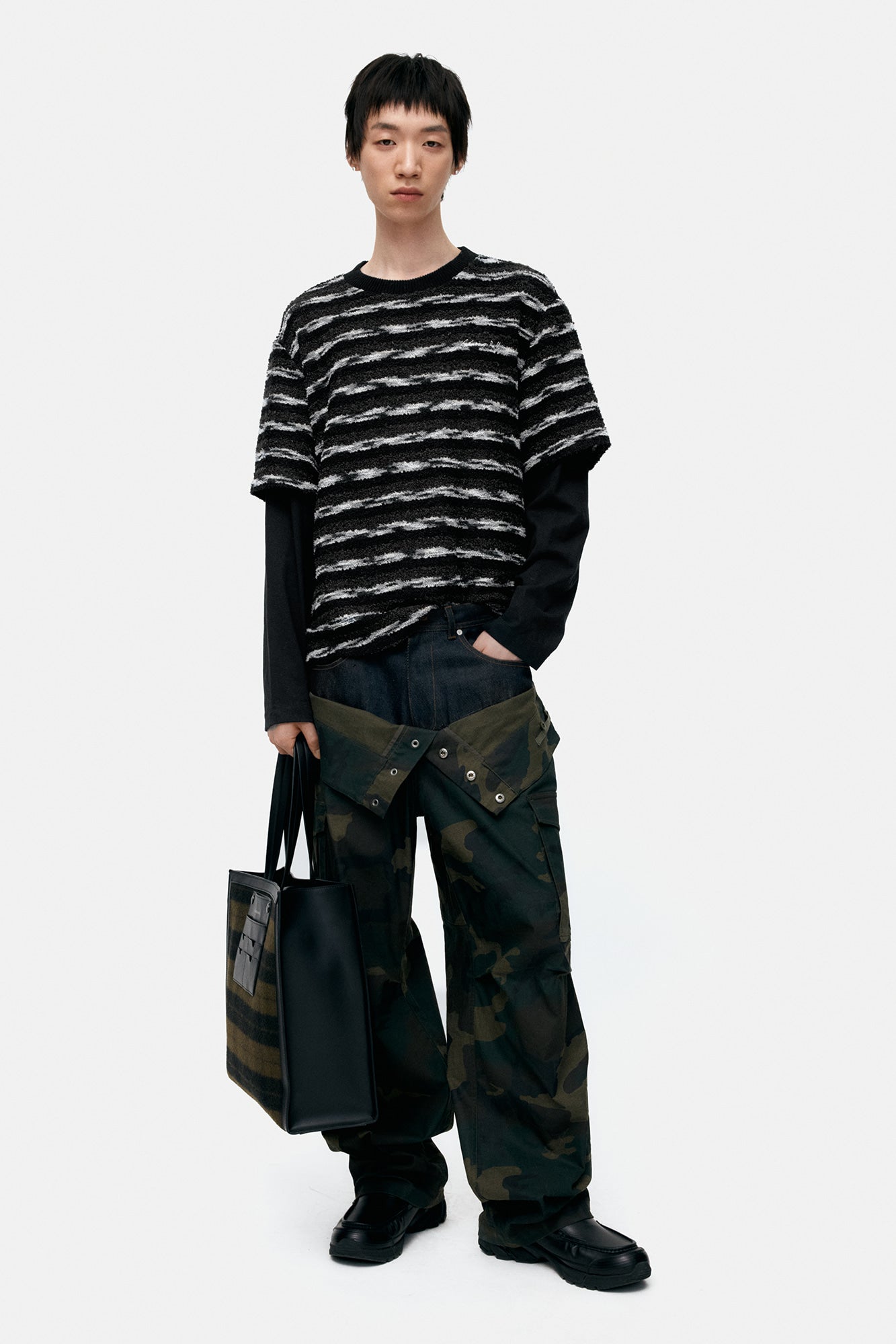 [Restock] UNISEX CAMOUFLAGE DOUBLE WAIST WORK WIDE-LEG JEANS apa853u(NAVY/GREEN)
