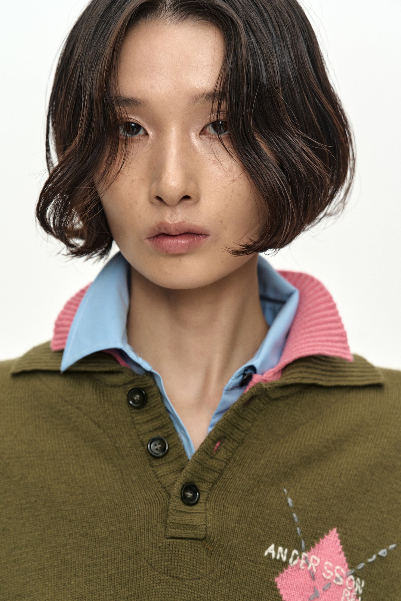 DOUBLE COLLAR ARGYLE LOGO SWEATER atb1475w (KHAKI/PINK)