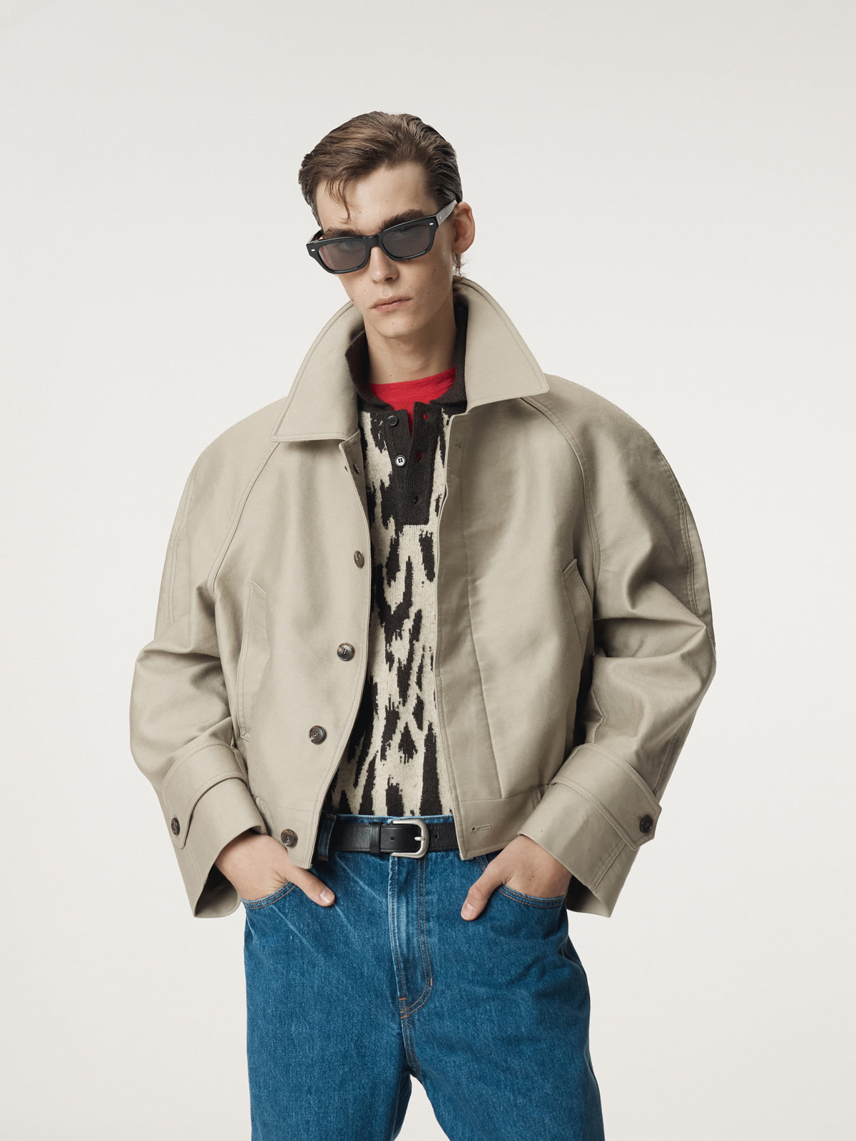 LEOPARD JACQUARD POLO KNIT TOP (DARK BROWN)