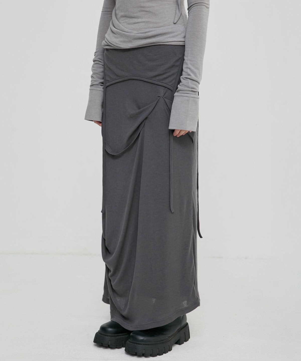 FLARE UP Asymmetrical Draped Long Skirt (FL-263_Dark Gray)