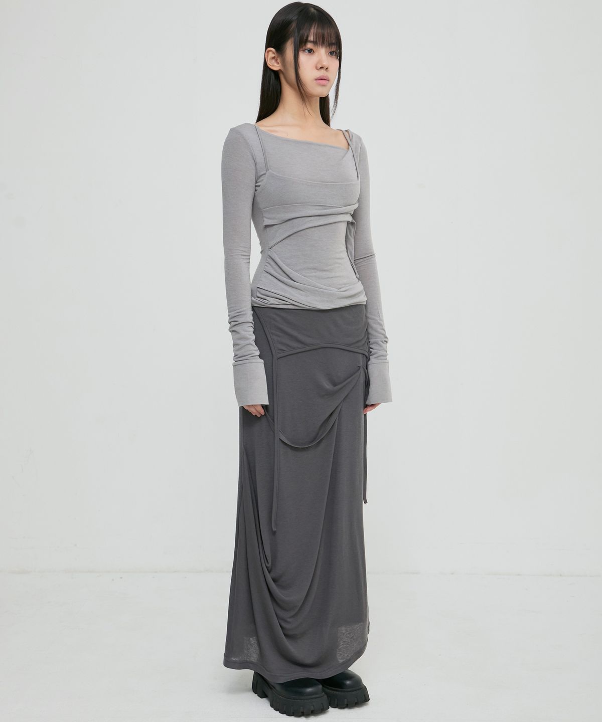 FLARE UP Asymmetrical Draped Long Skirt (FL-263_Dark Gray)