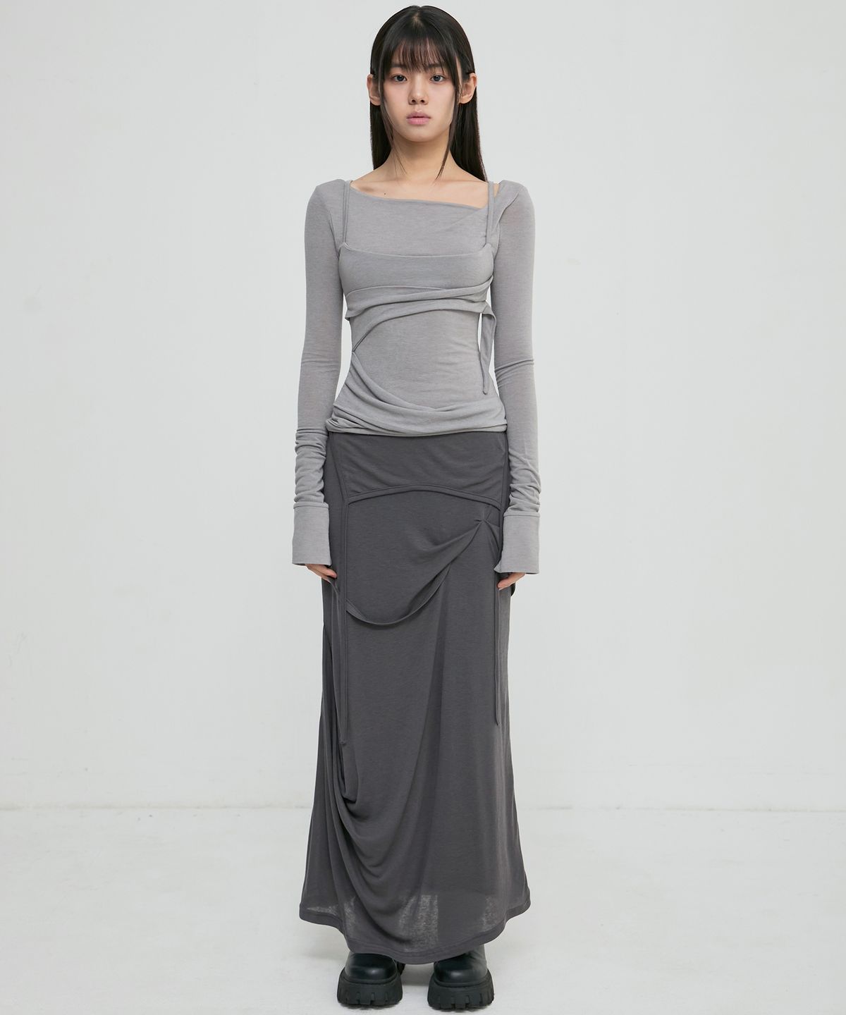 FLARE UP Asymmetrical Draped Long Skirt (FL-263_Dark Gray)