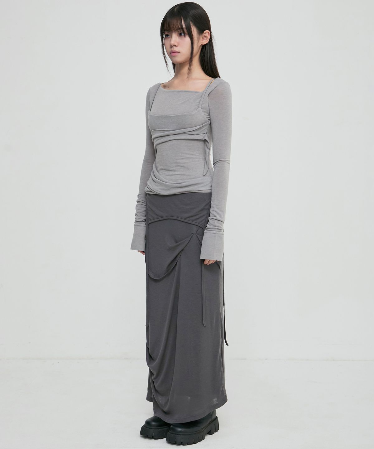 FLARE UP Asymmetrical Draped Long Skirt (FL-263_Dark Gray)