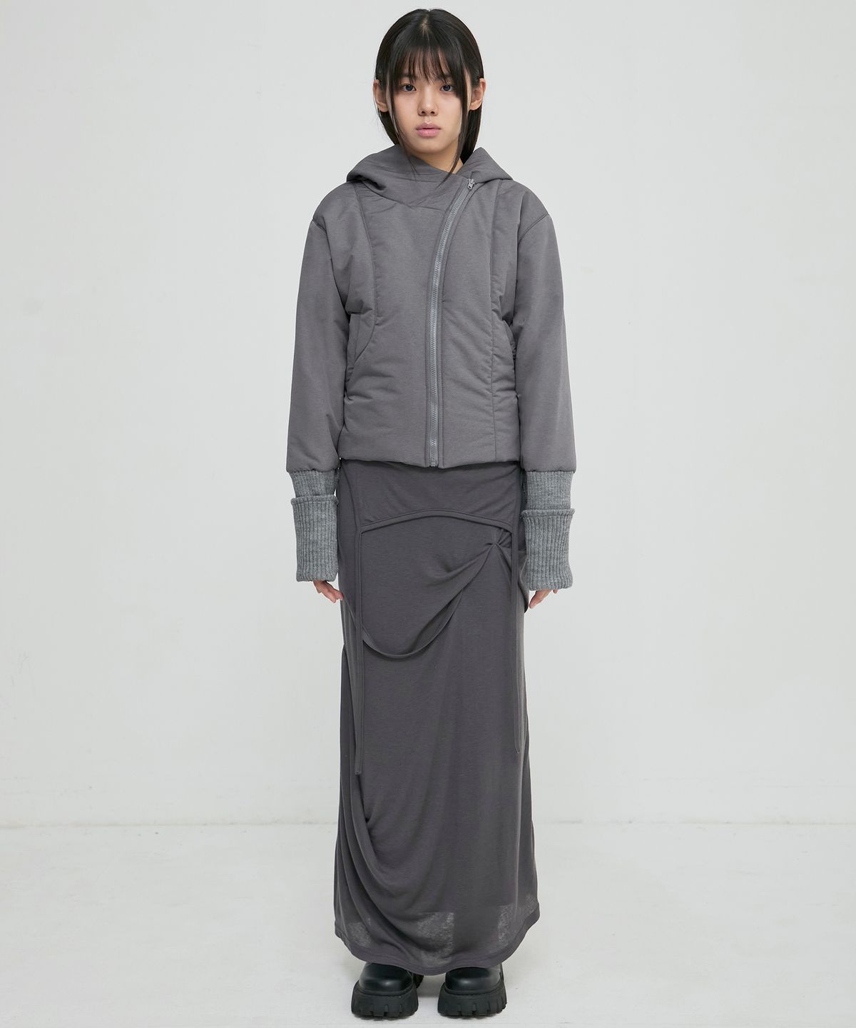 FLARE UP Asymmetrical Draped Long Skirt (FL-263_Dark Gray)