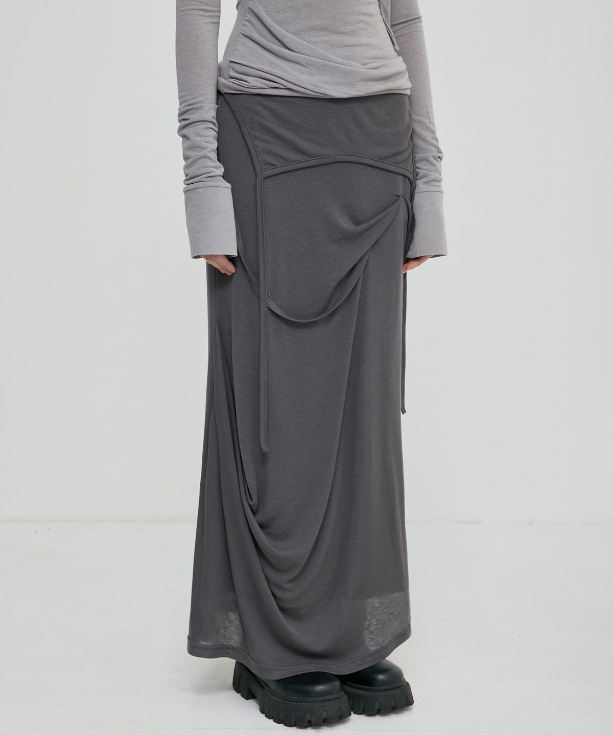 FLARE UP Asymmetrical Draped Long Skirt (FL-263_Dark Gray)